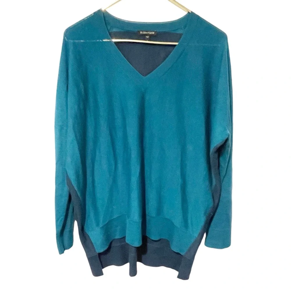 EILEEN FISHER Medium Arctic Green Blue Royal Alpaca Colorblock‎ High Low Sweater